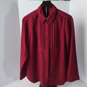 Talbots Blouse Deep Red Pleated Botton Down Tuxedo Shirt Medium